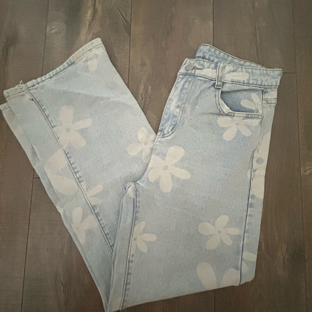 SHEIN Blue and White Straight Leg Jeans with Floral Pattern